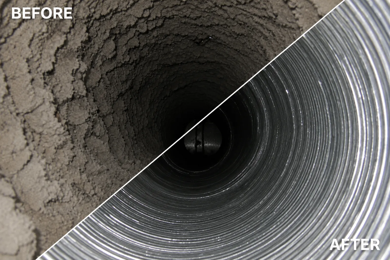 Dryer vent before and after cleaning, clogged with lint versus clear and shining
